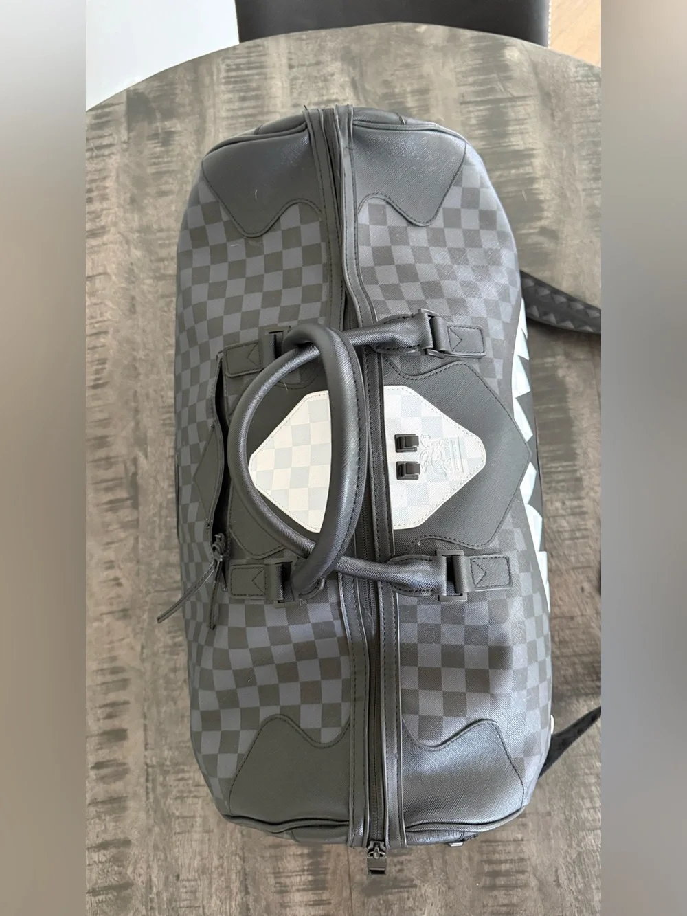 Sprayground Black & Gray Checkerboard Shark Duffel Bag